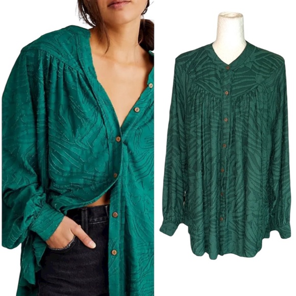 Free People Can’t Stop Dreaming Emerald Green Textured Jacquard Tunic Top - M - Picture 1 of 14